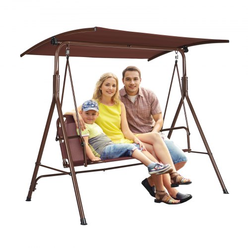 VEVOR 3-Person Patio Swing Chair, Outdoor Patio Swing with Adjustable Canopy, Porch Swing with Armrests, Teslin Fabric and Alloy Steel Frame, for Balcony, Backyard, Patio, Garden, Poolside, Brown