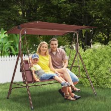 VEVOR 3-Person Patio Swing Chair, Outdoor Patio Swing with Adjustable Canopy, Porch Swing with Armrests, Teslin Fabric and Alloy Steel Frame, for Balcony, Backyard, Patio, Garden, Poolside, Brown