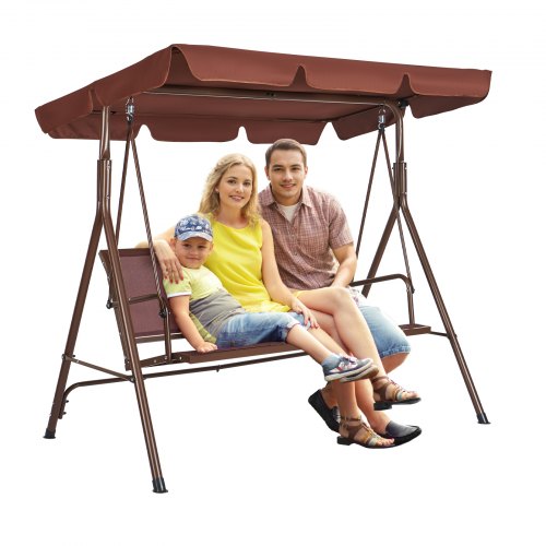 VEVOR 3-Seat Patio Swing Chair, Outdoor Patio Swing with Adjustable Canopy, Porch Swing with Armrests, Teslin Fabric and Alloy Steel Frame, for Balcony, Backyard, Patio, Garden, Poolside, Brown
