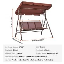 VEVOR 3-Seat Patio Swing Chair, Outdoor Patio Swing with Adjustable Canopy, Porch Swing with Armrests, Teslin Fabric and Alloy Steel Frame, for Balcony, Backyard, Patio, Garden, Poolside, Brown