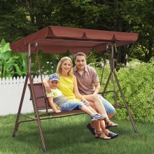 VEVOR 3-Seat Patio Swing Chair, Outdoor Patio Swing with Adjustable Canopy, Porch Swing with Armrests, Teslin Fabric and Alloy Steel Frame, for Balcony, Backyard, Patio, Garden, Poolside, Brown