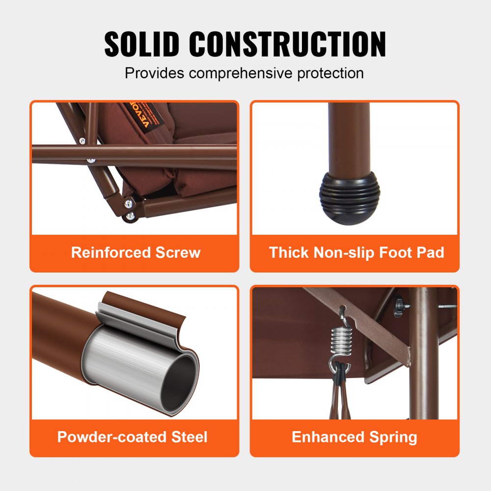 VEVOR 3-Seat Patio Swing Chair, Converting Canopy Swing, Outdoor Patio Porch with Adjustable Canopy, Removable Thick Cushion and Alloy Steel Frame, for Balcony, Backyard, Poolside, Brown