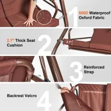VEVOR 3-Seat Patio Swing Chair, Converting Canopy Swing, Outdoor Patio Porch with Adjustable Canopy, Removable Thick Cushion and Alloy Steel Frame, for Balcony, Backyard, Poolside, Brown
