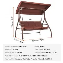 VEVOR 3-Seat Patio Swing Chair, Converting Canopy Swing, Outdoor Patio Porch with Adjustable Canopy, Removable Thick Cushion and Alloy Steel Frame, for Balcony, Backyard, Poolside, Brown