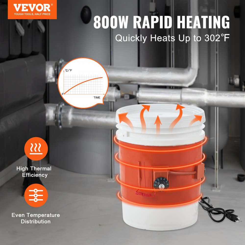 VEVOR Metal Drum Heater, 800 Watt 7.75 inch Width, Pail Heating Band for 5 Gallon Barrel, 86-302℉ Adjustable Thermostat, High Efficiency Silicone Grease Keg Heater, FCC Listed Orange