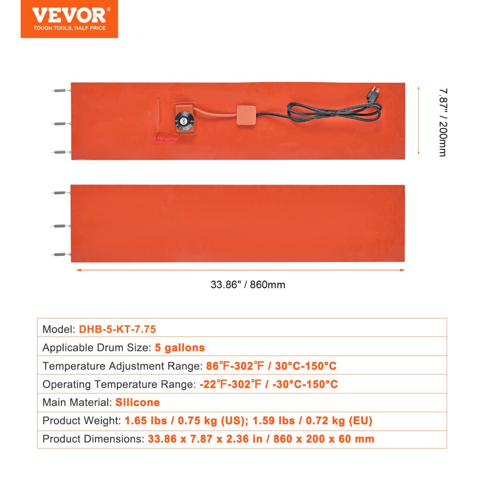 VEVOR Metal Drum Heater, 800 Watt 7.75 inch Width, Pail Heating Band for 5 Gallon Barrel, 86-302℉ Adjustable Thermostat, High Efficiency Silicone Grease Keg Heater, FCC Listed Orange