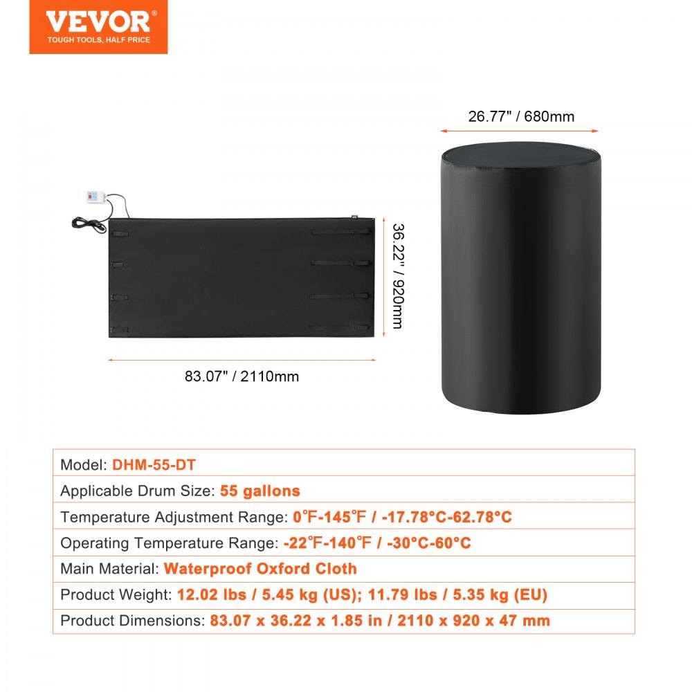 VEVOR 208.2 L Metal Drum Heater 1300W 0-63°C Adjustable w/ Independent Thermostat