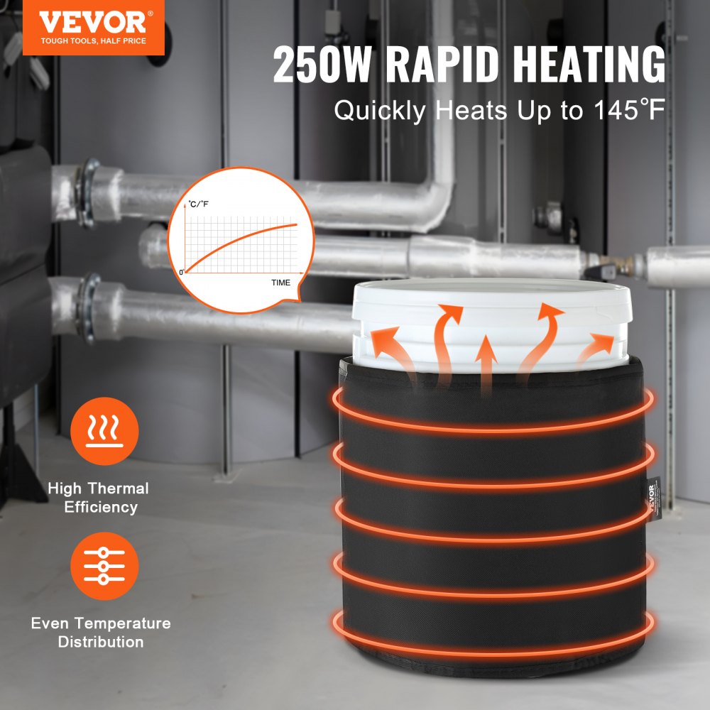 VEVOR 18.93 L Metal Drum Heater 250W 0-63°C Adjustable w/ Independent Thermostat