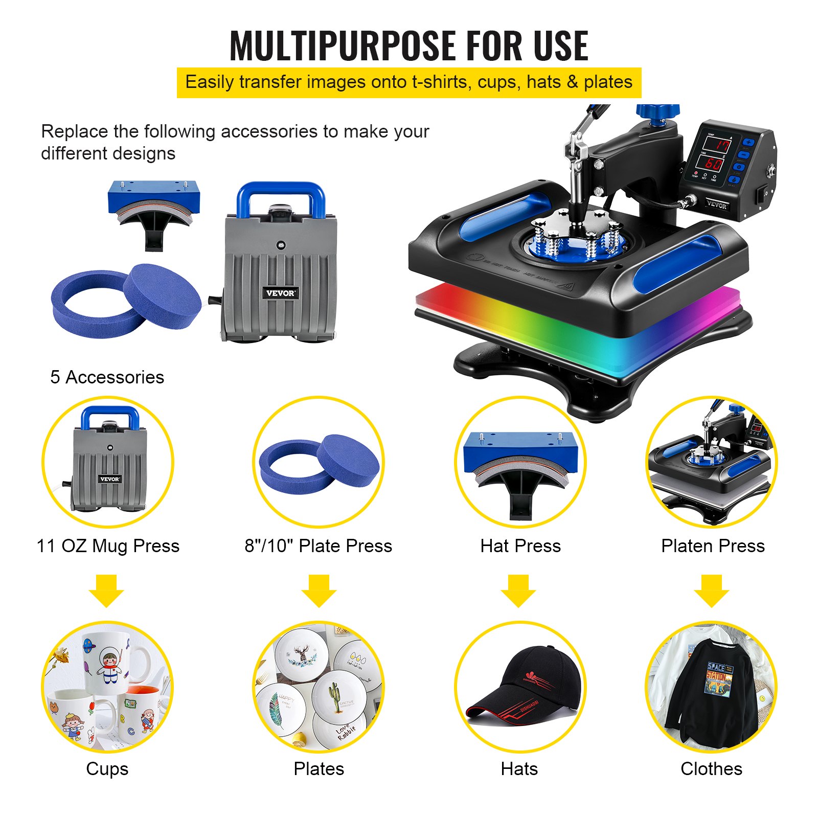 VEVOR Heat Press Machine Sublimation Machine 12" x 15" Blue 5 In 1 Heat Press