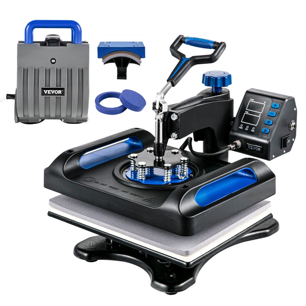 VEVOR heat press machine with digital controls and interchangeable heating attachments.