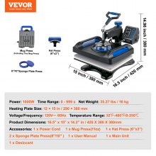 VEVOR Heat Press Machine 12x15, 800W Heat Press for Sublimation 5 in 1 Combo, Dual Digital Heat Press Transfer, Uniform Heat, Anti-Scald Cover, Vinyl Transfer Printer for T Shirts Mug Cap Plate, Blue