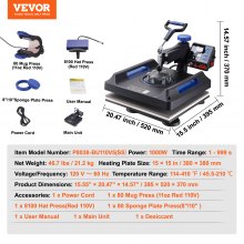 VEVOR Heat Press, 15x15inches Heat Press Machine 5 in 1, Anti-Scald Fast-Heating, Swing Away Digital Control Multifunctional Heat Press, Sublimation Combo for T-shirts Hats Caps Mugs Plates