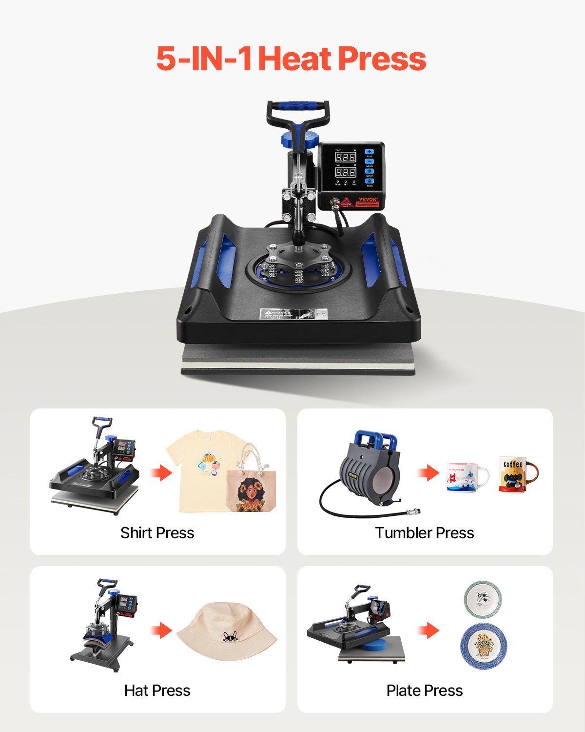 VEVOR Heat Press, 15x15in Swing Away 5 in 1 Heat Press Machine, Digital Control Multifunctional Device, Quick Heating with Safety Features, Ideal for T-shirts, Hats, Caps, Mugs, Plates