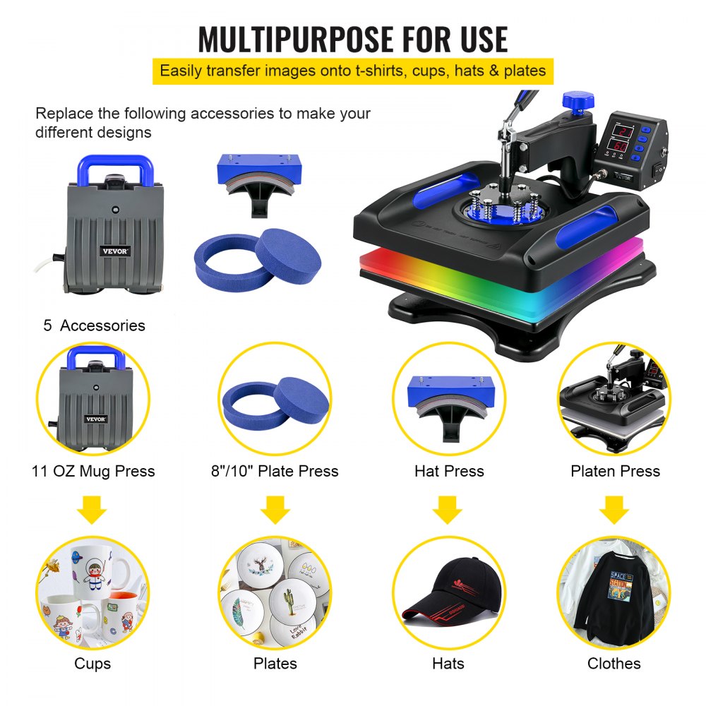 VEVOR Heat Press Machine Sublimation Machine 15 x 15 Inch Blue 5 In 1 Heat Press