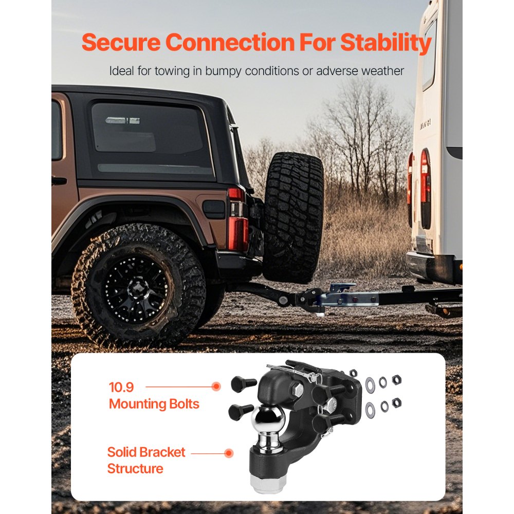 VEVOR Pintle Hook, 9070 kg Towing Capacity, Trailer Hitches Receiver Hook Combination 50.4 mm Hitch Ball, Fits for 63.5 to 76.2 mm Lunette Ring with Mounting Kit, Wear-resistant, Black Powder Coat