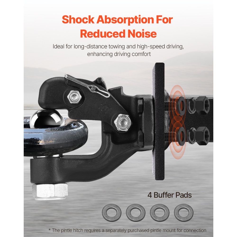VEVOR Pintle Hook, 9070 kg Towing Capacity, Trailer Hitches Receiver Hook Combination 50.4 mm Hitch Ball, Fits for 63.5 to 76.2 mm Lunette Ring with Mounting Kit, Wear-resistant, Black Powder Coat
