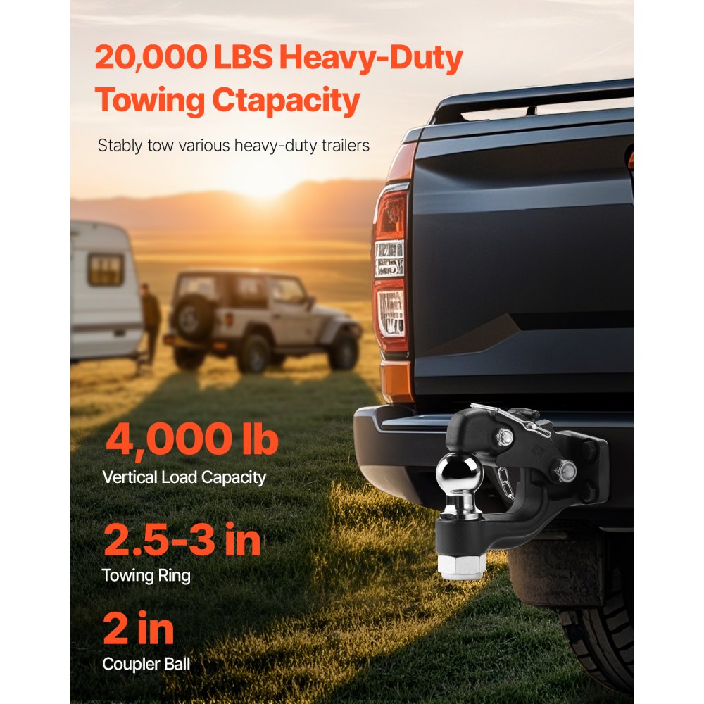 VEVOR Pintle Hook, 9070 kg Towing Capacity, Trailer Hitches Receiver Hook Combination 50.4 mm Hitch Ball, Fits for 63.5 to 76.2 mm Lunette Ring with Mounting Kit, Wear-resistant, Black Powder Coat