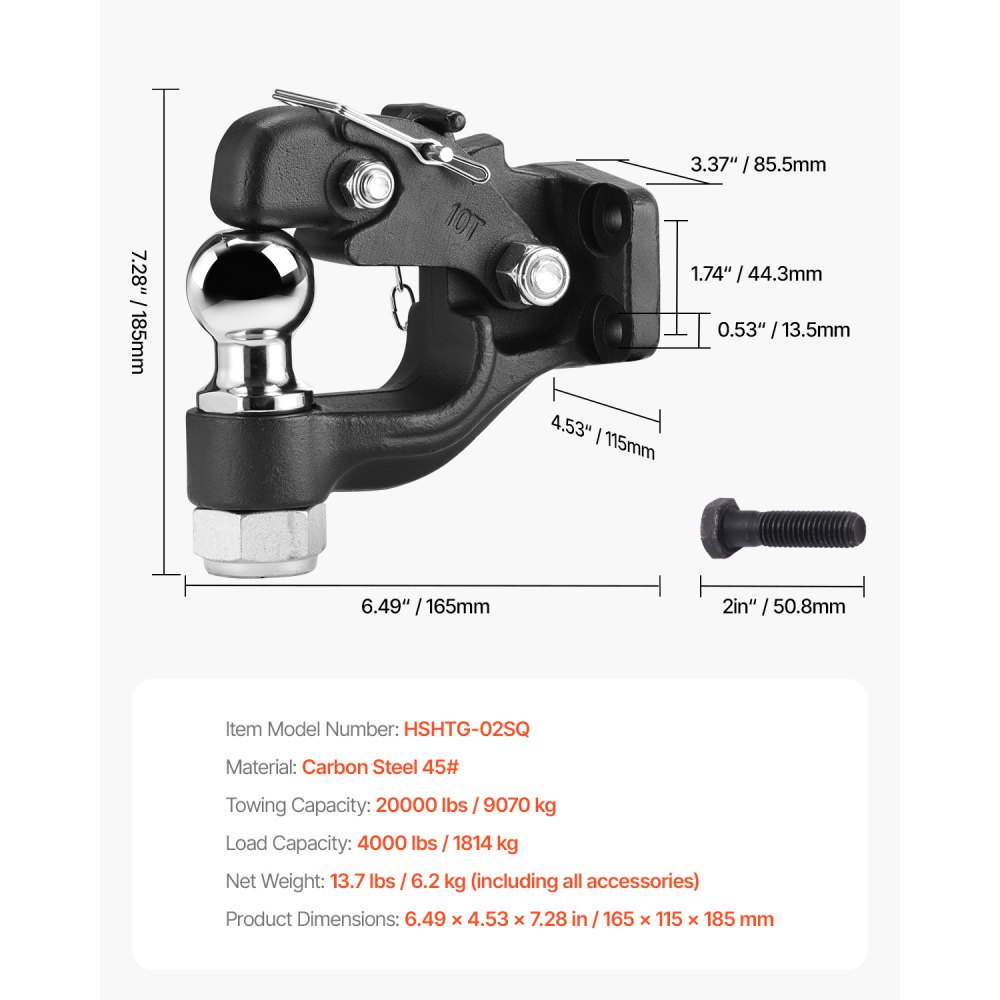 VEVOR Pintle Hook, 9070 kg Towing Capacity, Trailer Hitches Receiver Hook Combination 50.4 mm Hitch Ball, Fits for 63.5 to 76.2 mm Lunette Ring with Mounting Kit, Wear-resistant, Black Powder Coat