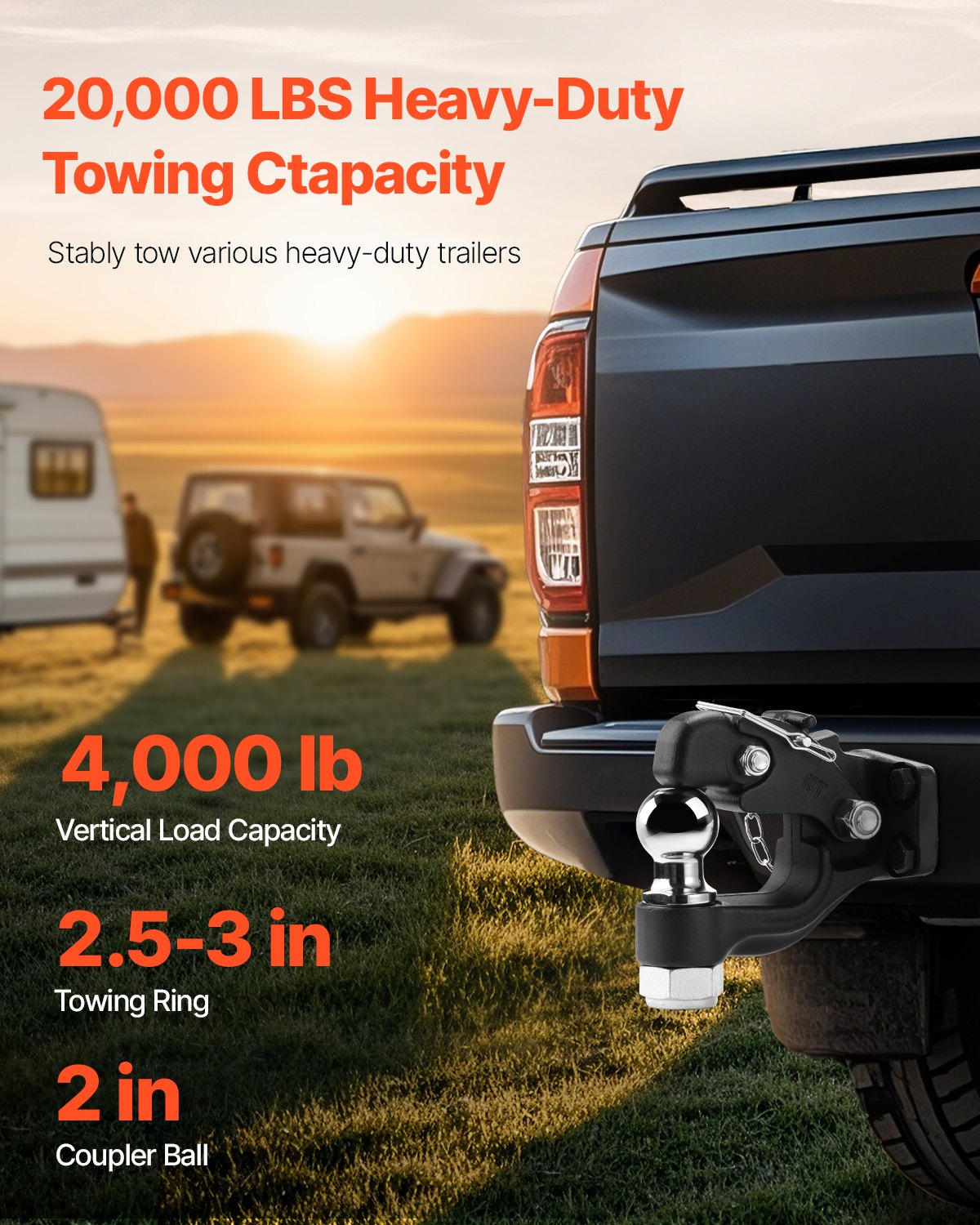 VEVOR Pintle Hook, 9070 kg Towing Capacity, Trailer Hitches Receiver Hook Combination 50.4 mm Hitch Ball, Fits for 63.5 to 76.2 mm Lunette Ring with Mounting Kit, Wear-resistant, Black Powder Coat