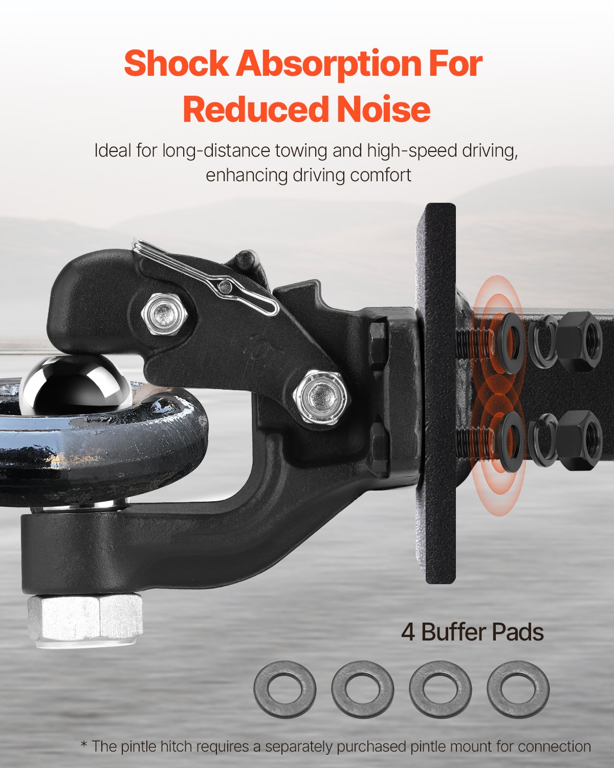 VEVOR Pintle Hook, 9070 kg Towing Capacity, Trailer Hitches Receiver Hook Combination 50.4 mm Hitch Ball, Fits for 63.5 to 76.2 mm Lunette Ring with Mounting Kit, Wear-resistant, Black Powder Coat