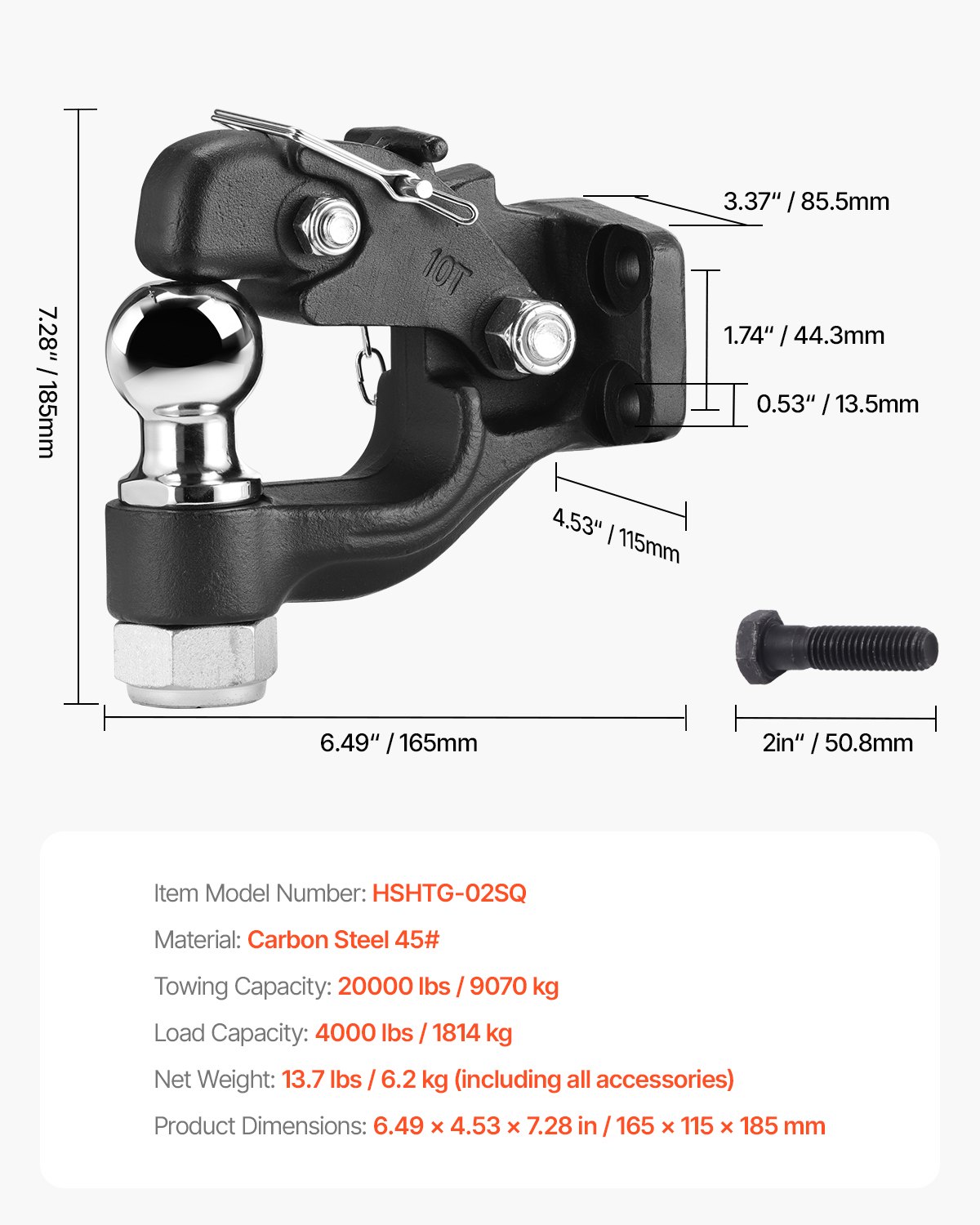 VEVOR Pintle Hook, 9070 kg Towing Capacity, Trailer Hitches Receiver Hook Combination 50.4 mm Hitch Ball, Fits for 63.5 to 76.2 mm Lunette Ring with Mounting Kit, Wear-resistant, Black Powder Coat