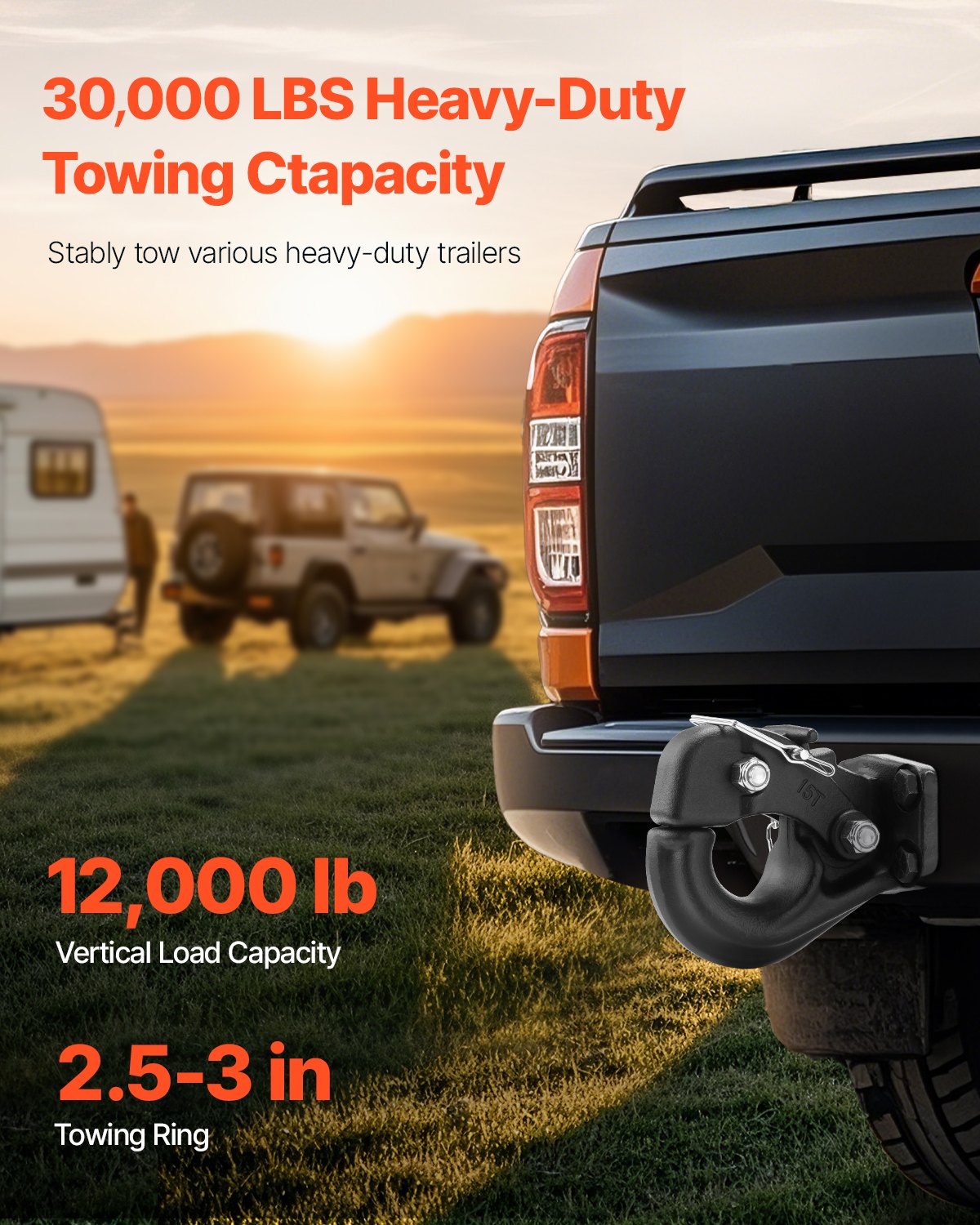 VEVOR Pintle Hook, 13605 kg Towing Capacity, Trailer Hitches Receiver Hook Fits for 63.5 to 76.2 mm Lunette Ring with Mounting Kit, Wear-resistant, Black Powder Coat, Suitable for Various Vehicles