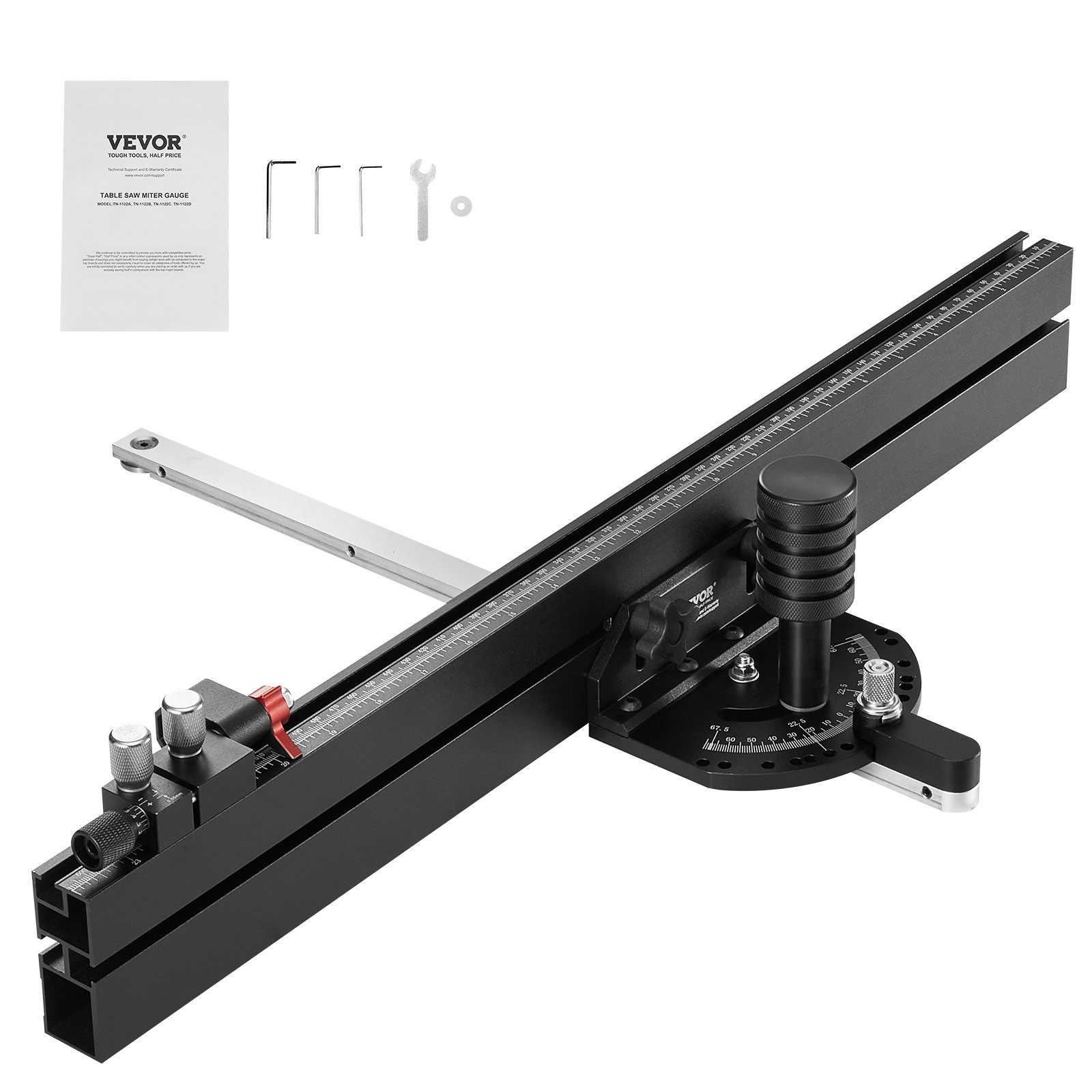 Medidor de esquadria de precisão VEVOR, ranhura padrão 19 x 9,5 mm, medidor de esquadria de serra de mesa em liga de alumínio com grade de 61 cm, 15 batentes de ângulo, êmbolo ajustável com mola e disco removível, para marcenaria