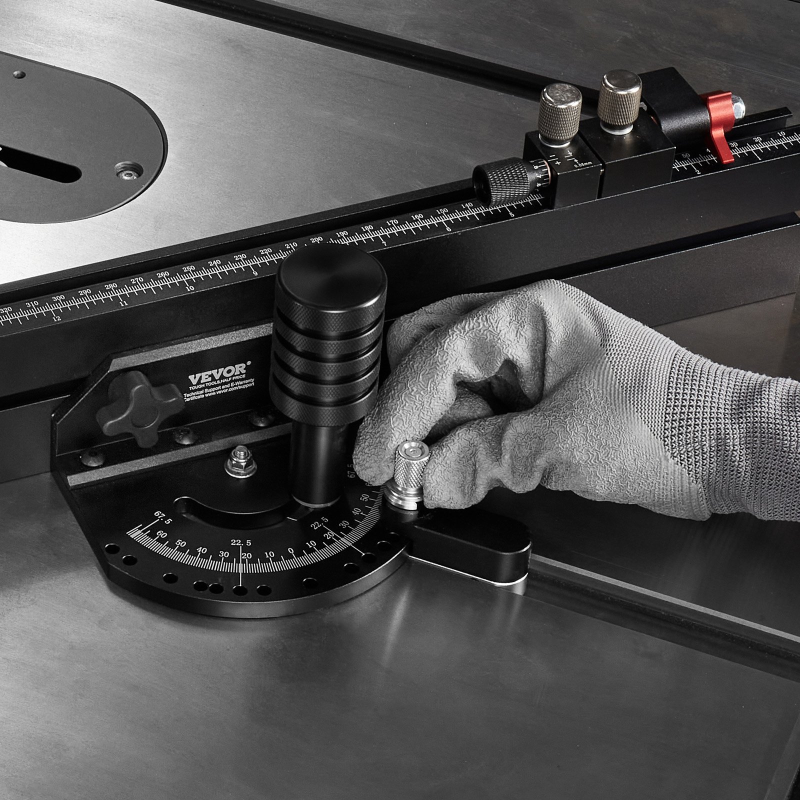 VEVOR Precision Miter Gauge, Standard Slot 19 x 9.5 mm, Aluminum Alloy Table Saw Miter Gauge with 61 cm Grating 15 Angle Stops Adjustable Spring Loaded Plunger and Removable Disc, for Woodworking