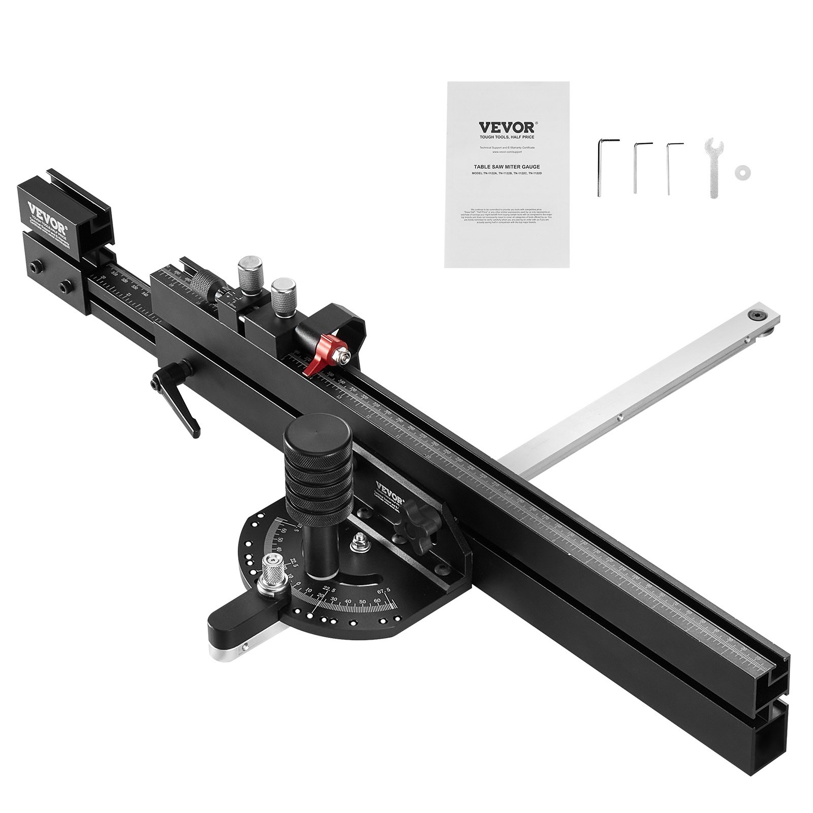 VEVOR Precision Miter Gauge, Standard Slot 19 x 9.5 mm, Aluminum Alloy Table Saw Miter Gauge with 48-89 cm Grating 15 Angle Stops Adjustable Spring Loaded Plunger and Removable Disc, for Woodworking