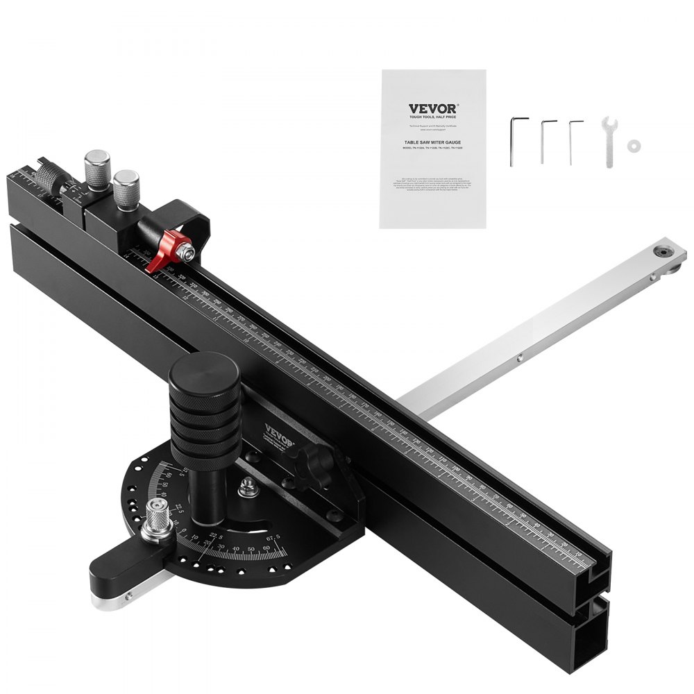 VEVOR presisjonsgjæringsmåler, standard spor 19 x 9,5 mm, aluminiumslegering bordsaggjæringsmåler med 45,7 cm rist 15 vinkelstopper Justerbart fjærbelastet stempel og avtagbar skive, for trebearbeiding