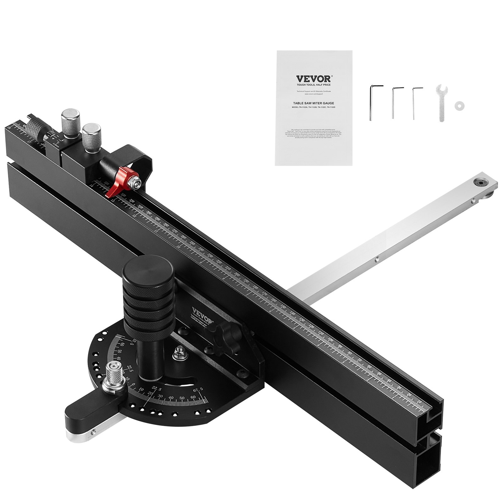 VEVOR presisjonsgjæringsmåler, standard spor 19 x 9,5 mm, aluminiumslegering bordsaggjæringsmåler med 45,7 cm rist 15 vinkelstopper Justerbart fjærbelastet stempel og avtagbar skive, for trebearbeiding