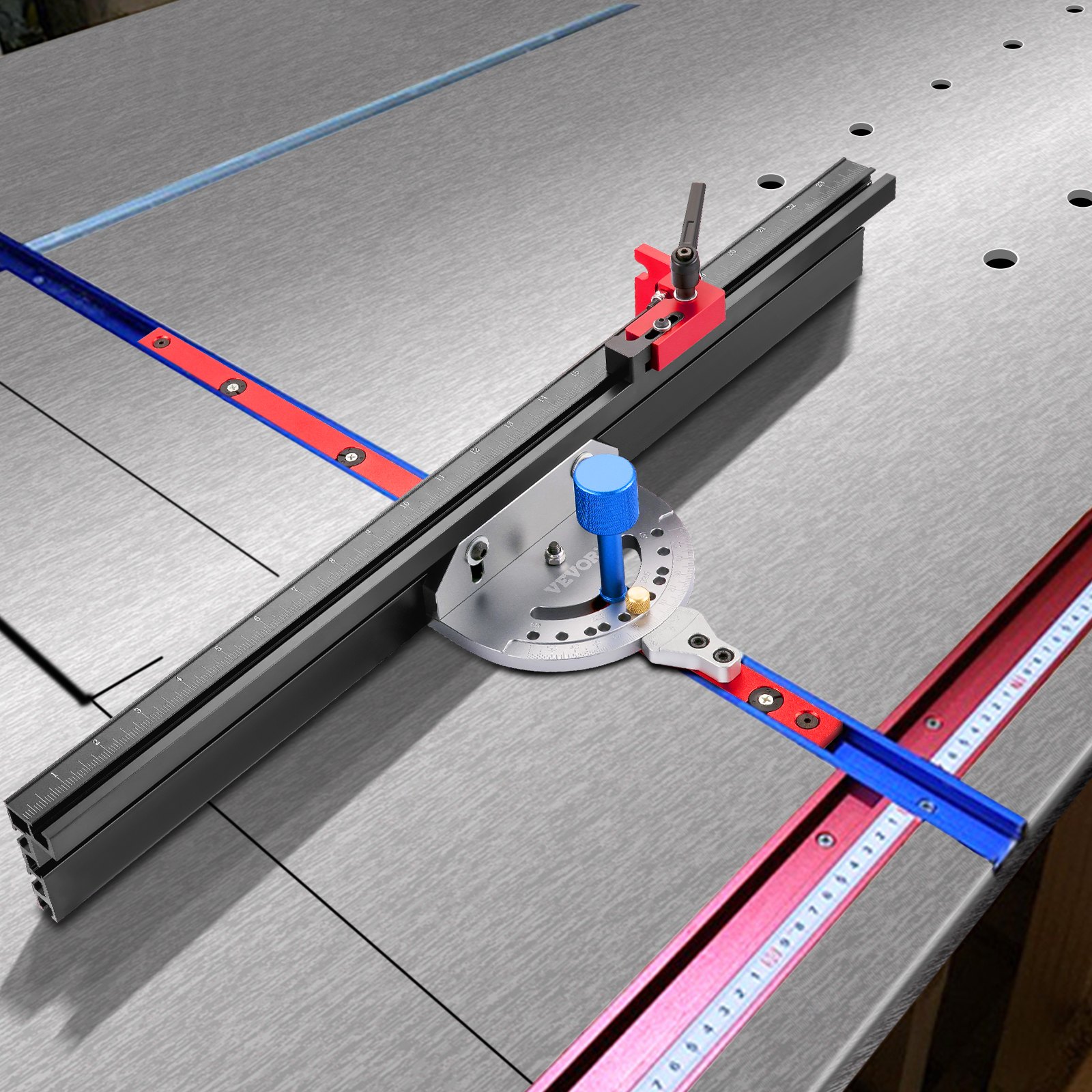 VEVOR precision miter gauge on a metal table, showing the angle and measuring guides.