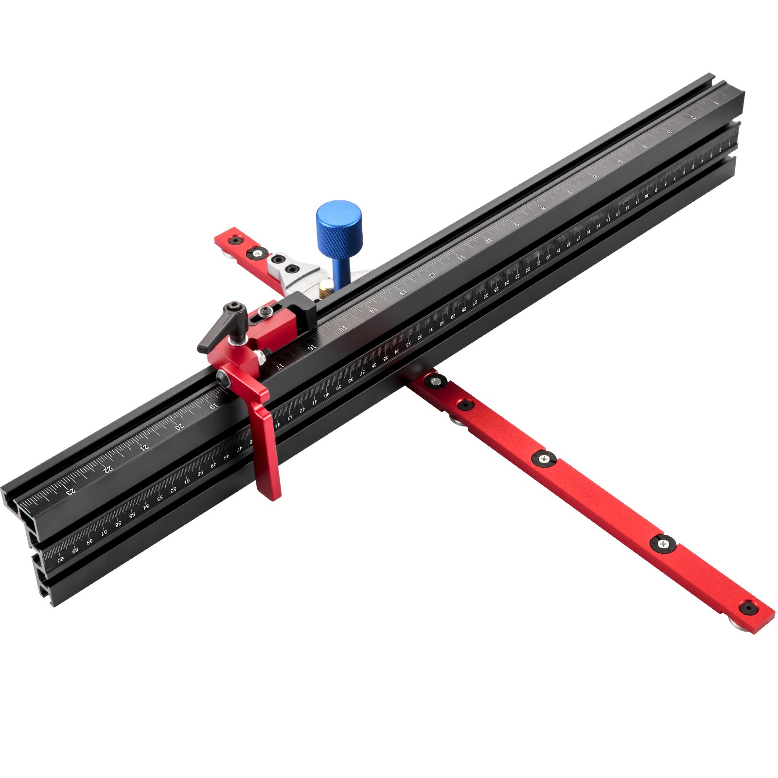 VEVOR precision miter gauge with red and black components, and blue knob.