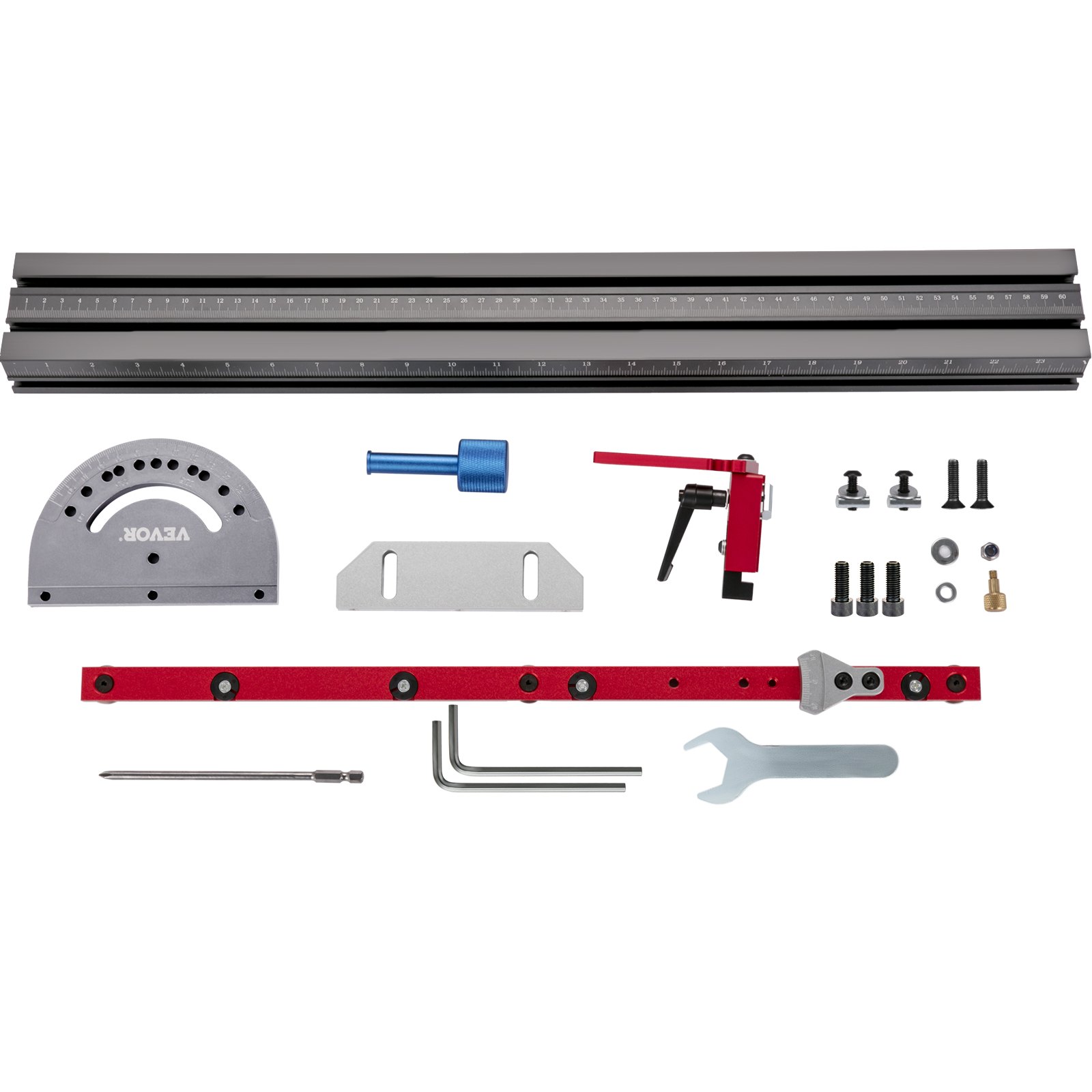 VEVOR precision miter gauge components and tools arranged on a white background.