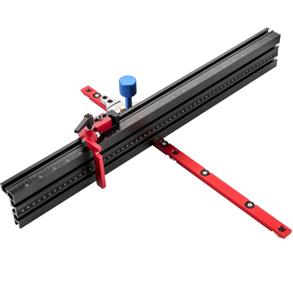 VEVOR precision miter gauge with adjustable red and black components and rulers.