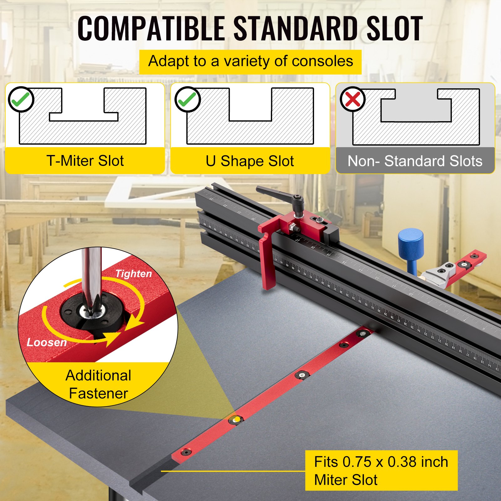 VEVOR precision miter gauge with additional fastener for t-miter and u shape slots.