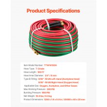 Oxygen Acetylene Hose 1/4-Inch x 100FT T Grade Hose 300PSI Max Working Pressure