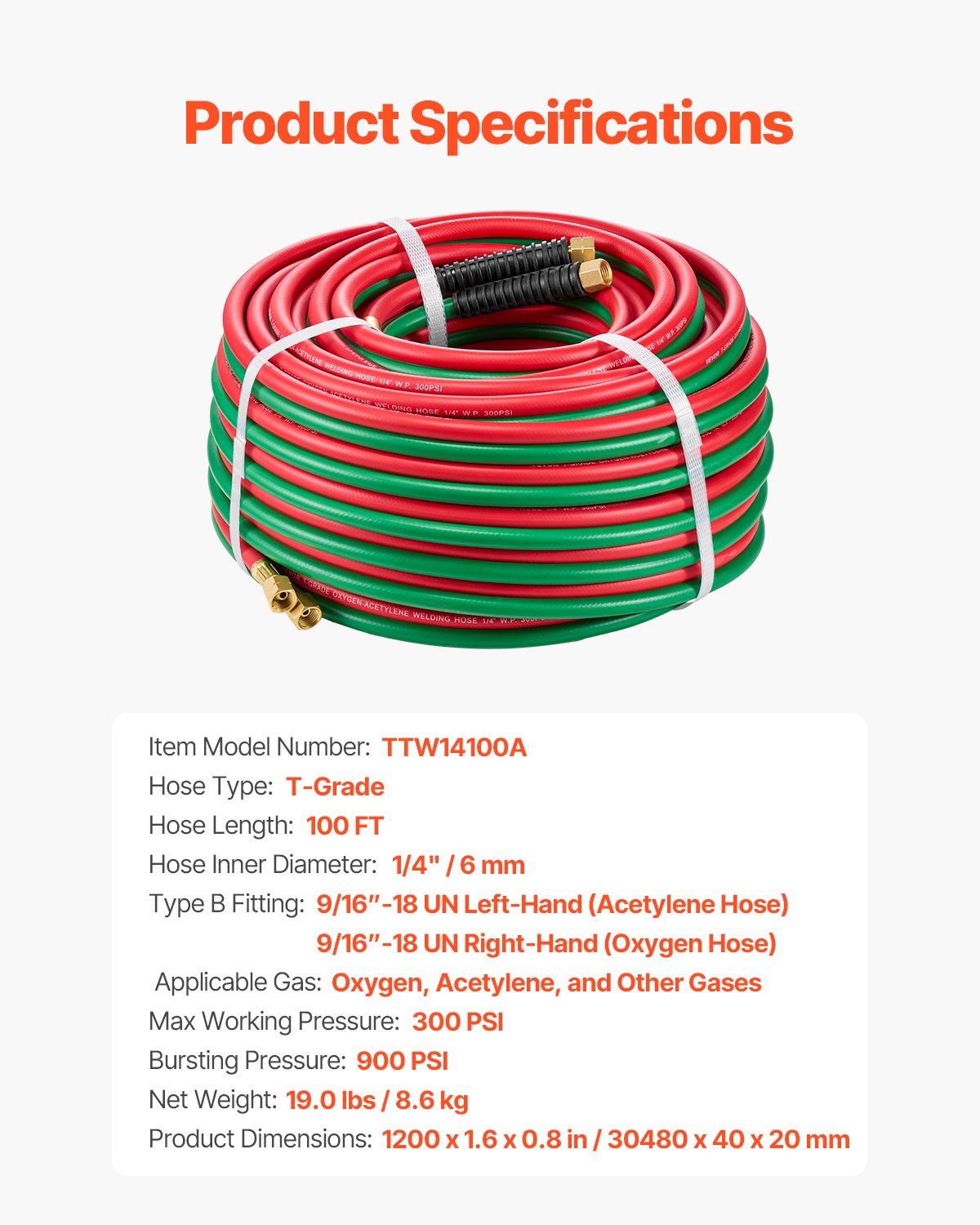 VEVOR Oxygen Acetylene Hose, 1/4-Inch x 100FT Oxy Acetylene Hose with 9/16"-18 B Fitting, 300PSI T Grade Welding Cutting Torch Twin Hose, Compatible with Oxygen, Acetylene, Propane and Other Fuel Gases