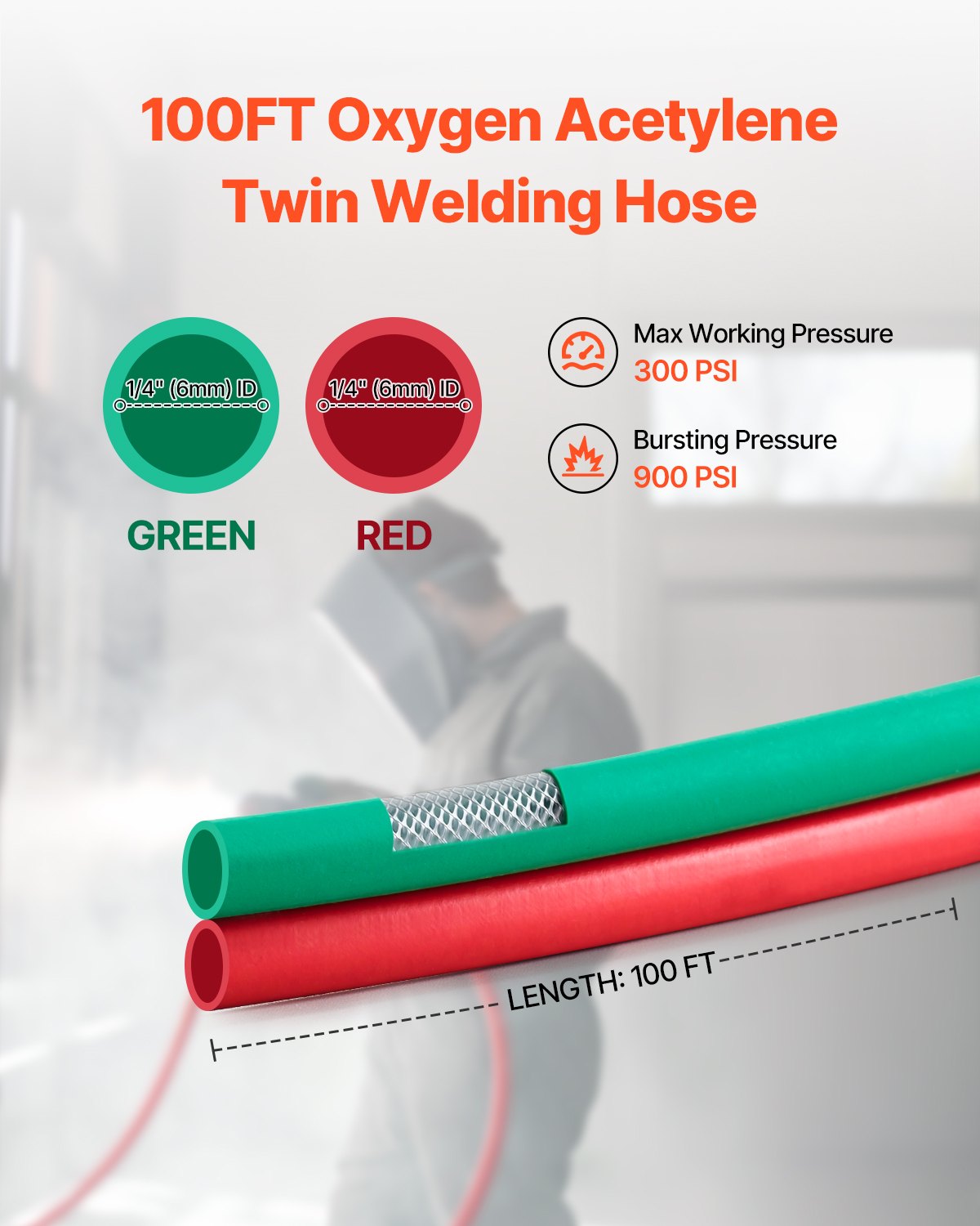 VEVOR Oxygen Acetylene Hose, 1/4-Inch x 100FT Oxy Acetylene Hose with 9/16"-18 B Fitting, 300PSI T Grade Welding Cutting Torch Twin Hose, Compatible with Oxygen, Acetylene, Propane and Other Fuel Gases