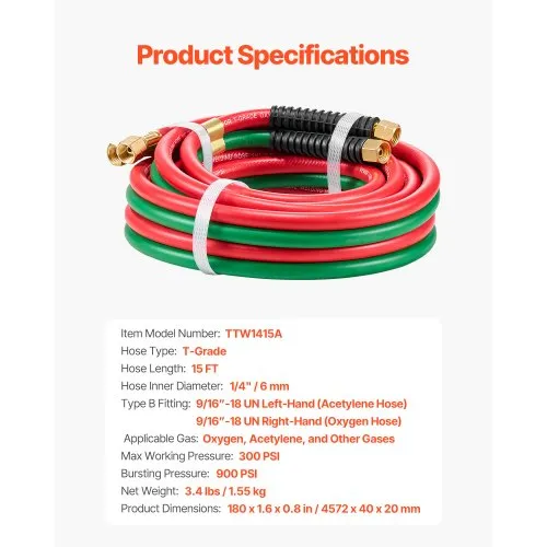 VEVOR Oxygen Acetylene Hose – 1/4-Inch X 15FT T-Grade Twin Welding Torch Hose With 9/16-18 B Fittings, 300PSI For Oxy/Acetylene/Propane
