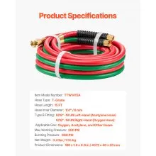 Oxygen Acetylene Hose 1/4-Inch x 15FT T Grade Hose 300PSI Max Working Pressure