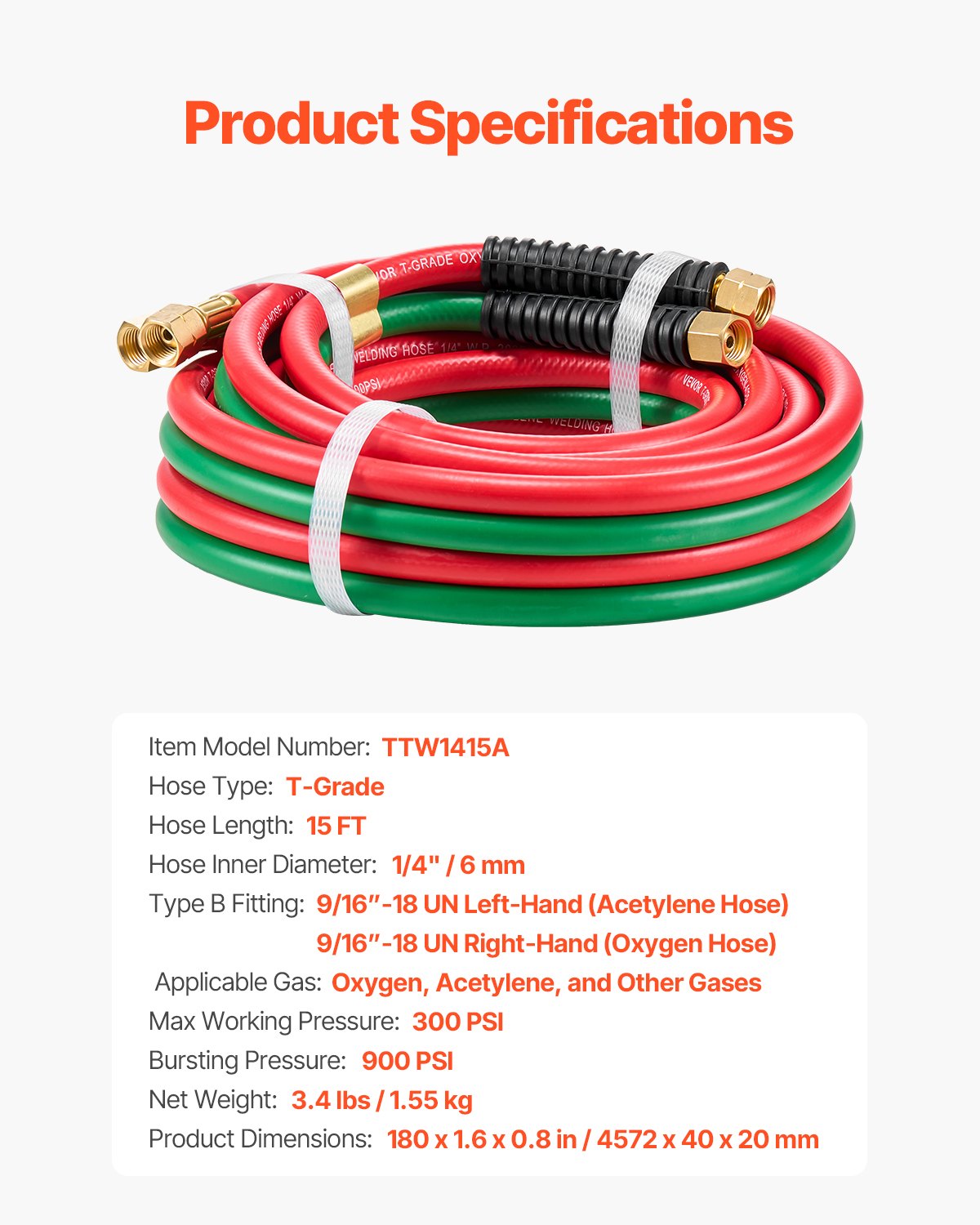 VEVOR Oxygen Acetylene Hose, 1/4-Inch x 15FT Oxy Acetylene Hose with 9/16"-18 B Fitting, 300PSI T Grade Welding Cutting Torch Twin Hose, Compatible with Oxygen, Acetylene, Propane and Other Fuel Gases