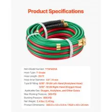 Oxygen Acetylene Hose 1/4-Inch x 25FT T Grade Hose 300PSI Max Working Pressure