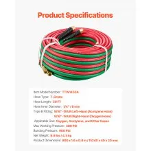 Oxygen Acetylene Hose 1/4-Inch x 50FT T Grade Hose 300PSI Max Working Pressure