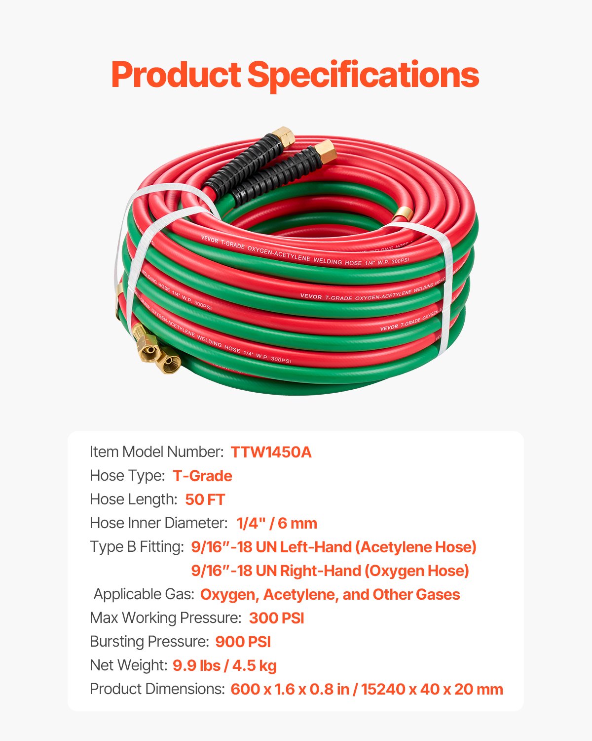 VEVOR Oxygen Acetylene Hose, 1/4-Inch x 50FT Oxy Acetylene Hose with 9/16"-18 B Fitting, 300PSI T Grade Welding Cutting Torch Twin Hose, Compatible with Oxygen, Acetylene, Propane and Other Fuel Gases