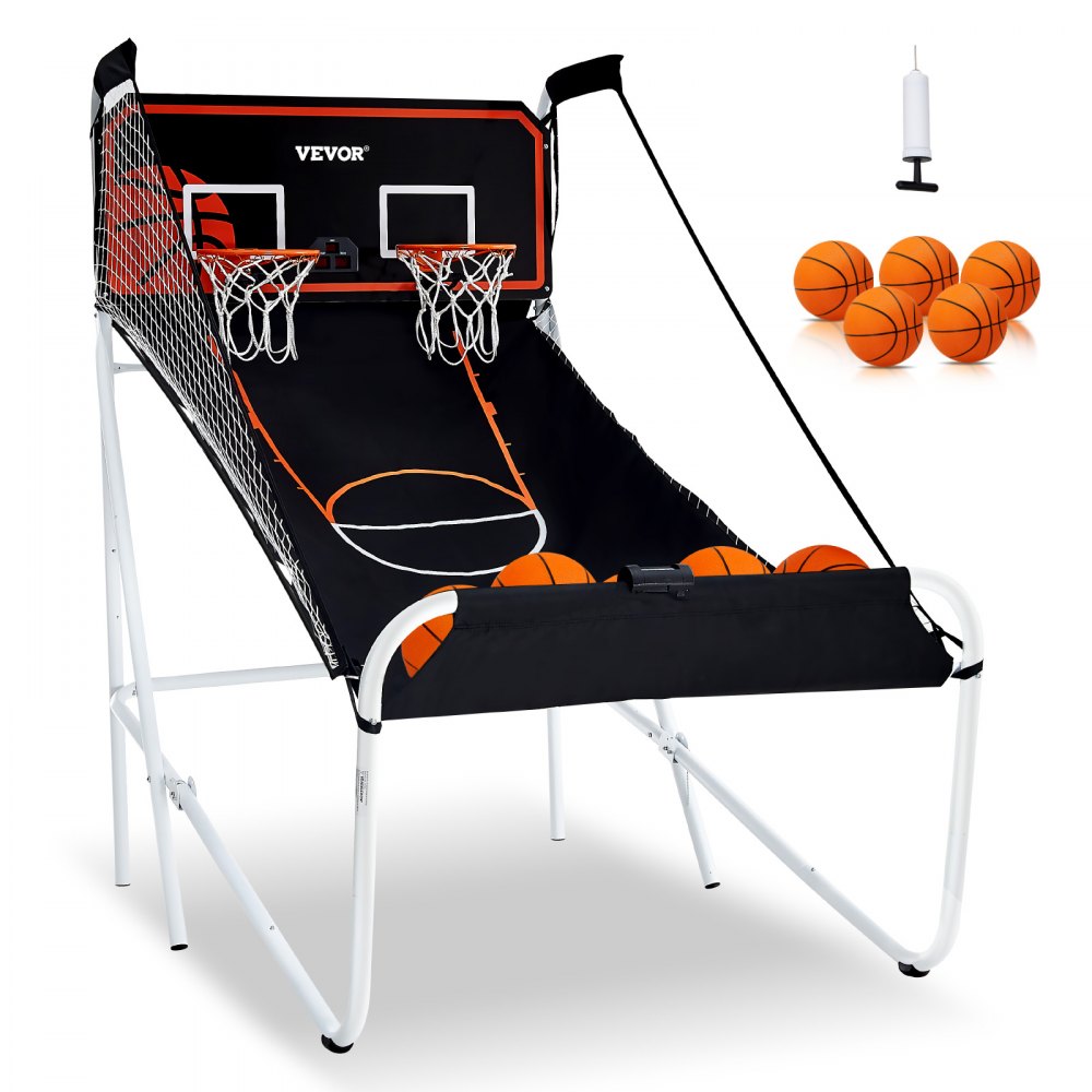 VEVOR foldable basketball arcade game with dual hoops, five basketballs, pump, and sturdy white frame.