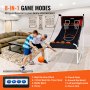 VEVOR foldable basketball arcade game, 8-in-1 modes, kids playing in a living room, couch in background.