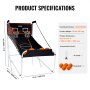 VEVOR foldable basketball arcade game with dual hoops, accessories, and dimensions shown.