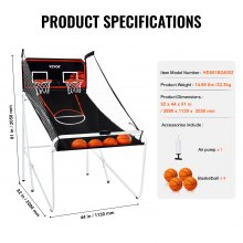 Jeu de basket-ball pliable VEVOR, jeu de basket-ball d'intérieur pour 2 joueurs, sport à domicile à double tir avec 4 balles, 8 modes de jeu, tableau de bord électronique et pompe de gonflage, pour enfants, adultes (noir et blanc)