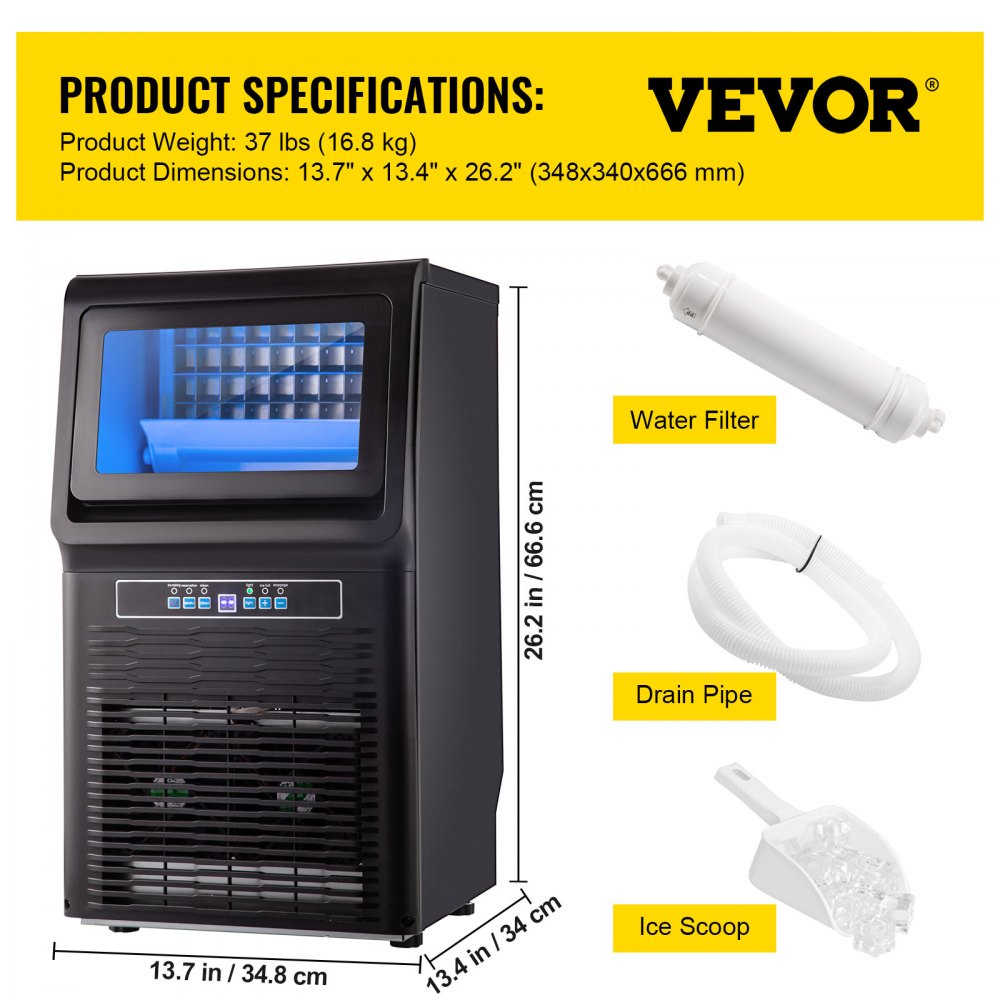 VEVOR Máquina de hielo portátil automática de 110 V, 70 libras/24 horas, 350 W con almacenamiento de 11 libras, 36 piezas por bandeja, funcionamiento automático, luz azul, incluye filtro de agua, tubo de drenaje, cuchara